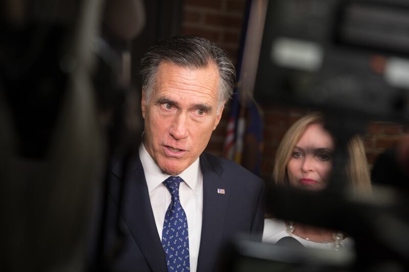 Sen. Mitt Romney, R-Utah, speaks to the press outside his office on Capitol Hill in Washington, D.C.