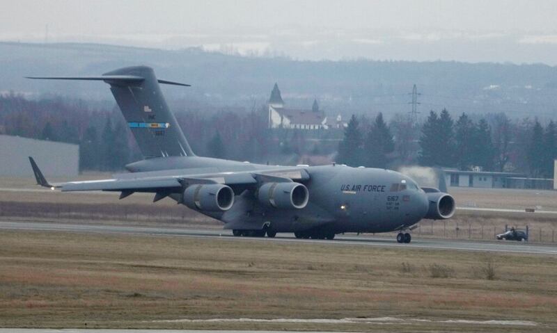 A U.S. Air Force plane landing in southeastern Poland.