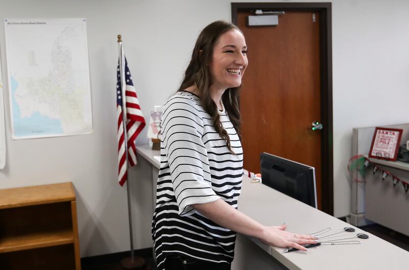 Utah County's new clerk, Amelia Powers, says hello to people as she visits her new offices at the Utah County Administration Building in Provo on Thursday, Dec. 20, 2018.
