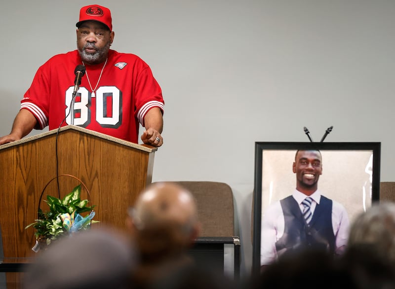 Rodney Wells speaks during a memorial service for his son in Memphis, Tenn.