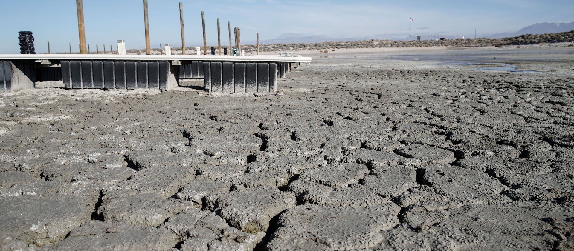 Dry land surrounds the boat dock at Antelope Island State Park in Syracuse is pictured on Dec. 7, 2021.