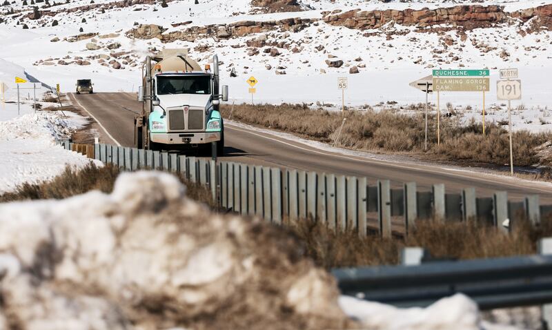 Tanker truck drives on U.S. Route 191 near Martin and Helper.