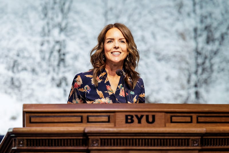 Sister Wendy Reese speaks during the first BYU campus devotional of winter semester at the Marriott Center in Provo, Utah, on Jan. 14, 2025.