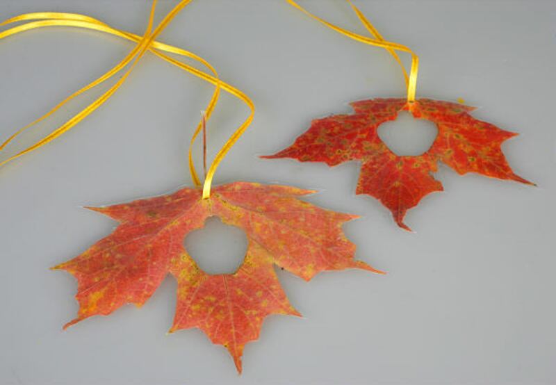 Fall leaves with patterns cut from them with cookie cutters make an autumn necklace.
