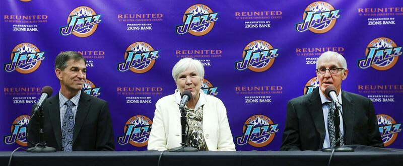 Former Utah Jazz great John Stockton, Jazz owner Gail Miller and Former Jazz Head Coach Jerry Sloan attend a press conference as the 1997 Western Conference Champions reunite on Wednesday, March 22, 2017.