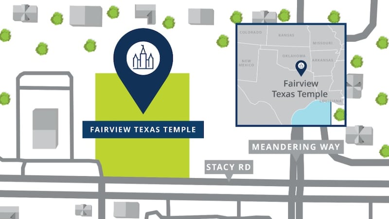 A site map for the Fairview Texas Temple, showing nearby roads.