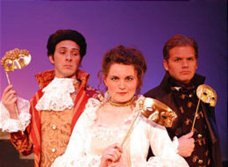 Mike Jensen, left, plays Percy (the Pimpernel); Katie Cornwall plays Marguerite, and Tony Winkel plays Chauvelin in "Scarlet Pimpernel."