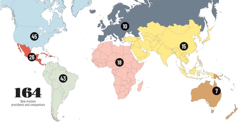 A map of the number of missions in various areas of the world that will have new mission presidents and companions assigned, who will begin their service in July 2025.