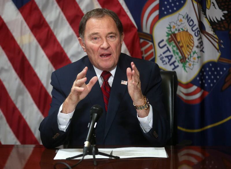 FILE - Gov. Gary Herbert speaks to members of the media about tax reform and other current affairs at the Capitol in Salt Lake City on Thursday, Feb. 14, 2019. There were no proposed fixes to the state's tax structure discussed during the first meeting Th