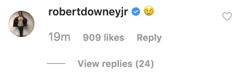 Robert Downey Jr. responded to Hemsworth's post with a crying emoji.
