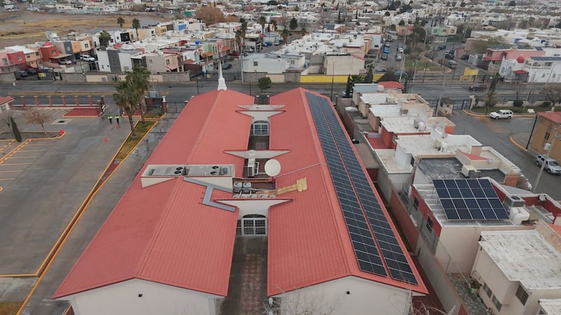 Solar panels are seen on the roof of a meetinghouse of The Church of Jesus Christ of Latter-day Saints in Ciudad Juárez, Mexico.
