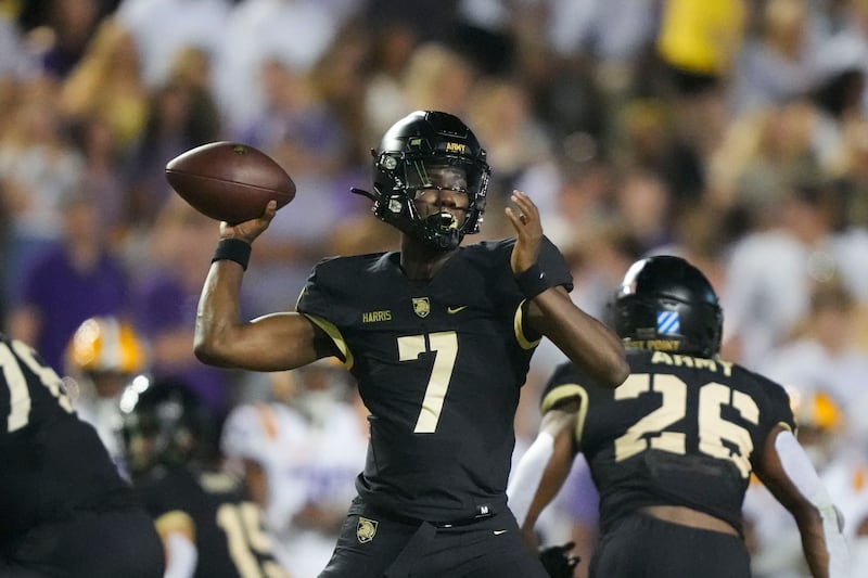 Army quarterback Champ Harris (7) passes during a game against LSU in Baton Rouge, La., Saturday, Oct. 21, 2023.