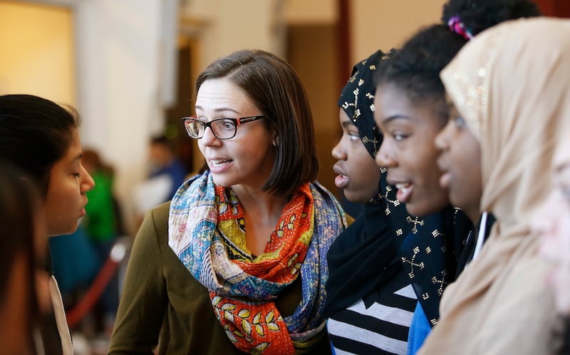 Dr. Alli Martin talks with Northwest Middle School students where she is an assistant principal in Salt Lake City on Friday, Dec. 22, 2017. Martin researched racist events that take place in schools for her doctorate degree.