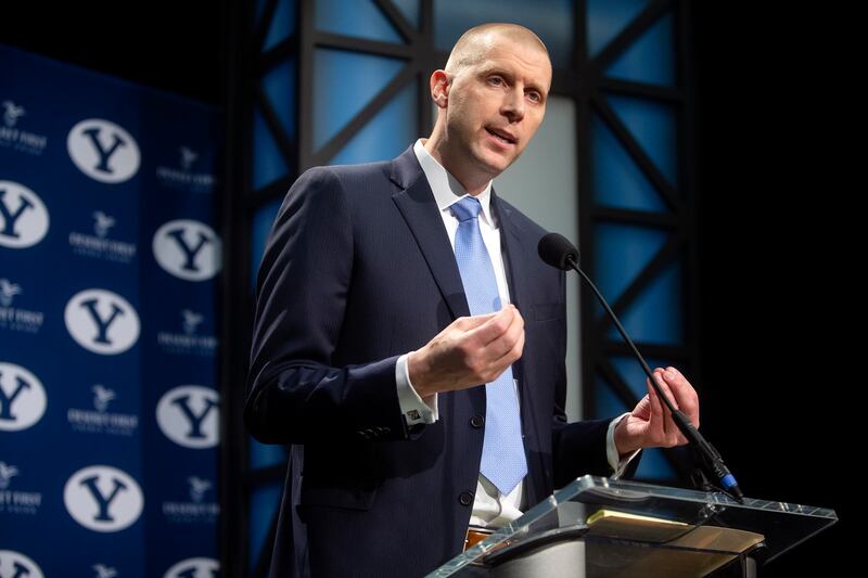 BYU introduces Mark Pope as their new men's head basketball coach at a press conference at the BYU Broadcast Building in Provo on Wednesday, April 10, 2019.