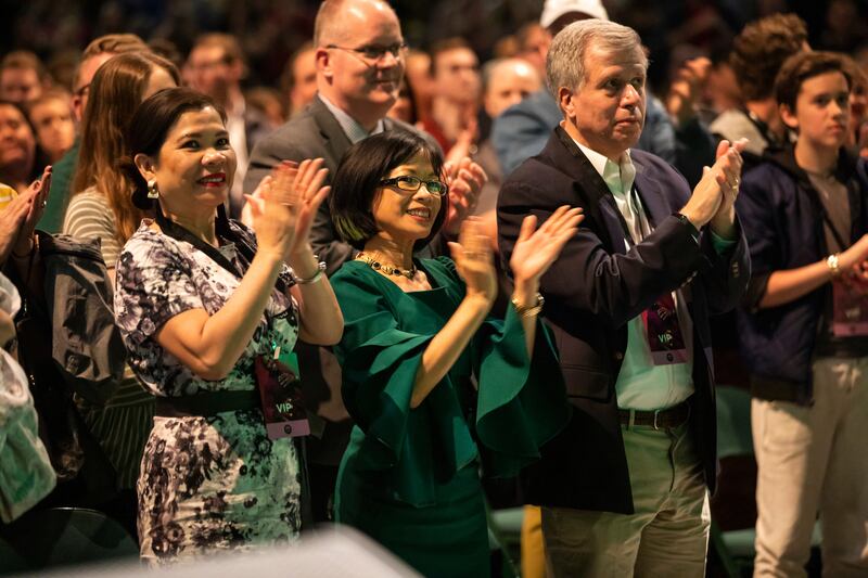 UVU President Astrid Tuminez applauds Terry Crews while he speaks in the UCCU Center on the campus of Utah Valley University in Orem on Thursday, March 28, 2019.