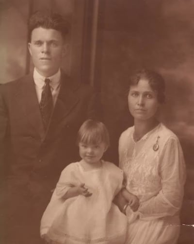 Twenty-six-year-old Arnold Miller Steed, left, and 23-year-old Hattie Hayes Steed sit for a portrait with their oldest child, Thelma. Hattie was a talented singer who was asked to be in the Mormon Tabernacle Choir but couldn't do it as she was caring for
