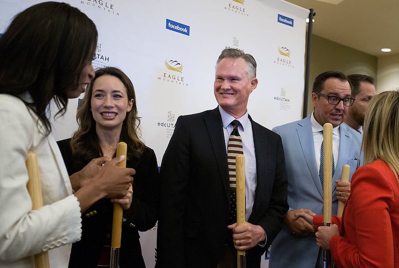Rep. Mia Love, R-Utah, left, Rachel Peterson, vice president of data center strategy at Facebook, Eagle Mountain Mayor Tom Westmoreland and Utah House Speaker Greg Hughes talk on Wednesday, May 30, 2018, after announcing Facebook will build a nearly 1-mi