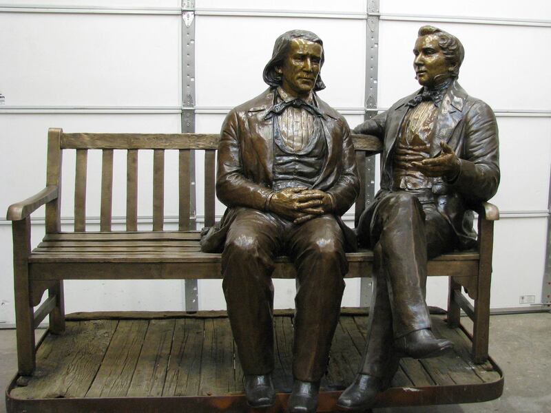 An 800-pound bronze statue of Joseph Smith and Brigham Young was stolen just before 4 a.m. on Tuesday, May 23, 2017. It was later recovered intact.