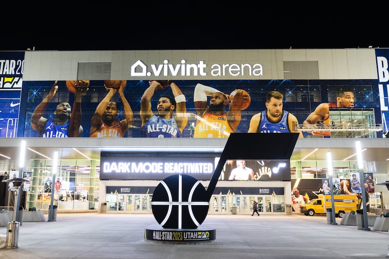 Decorations and projections are set up at Vivint Arena in Salt Lake City on Feb. 16, 2023.