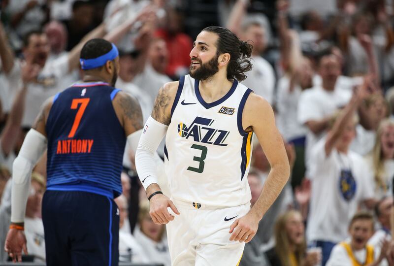Utah Jazz guard Ricky Rubio (3) celebrates after scoring on the Oklahoma City Thunder in Game 4 of the NBA playoffs at Vivint Smart Home Arena on Monday, April 23, 2018.