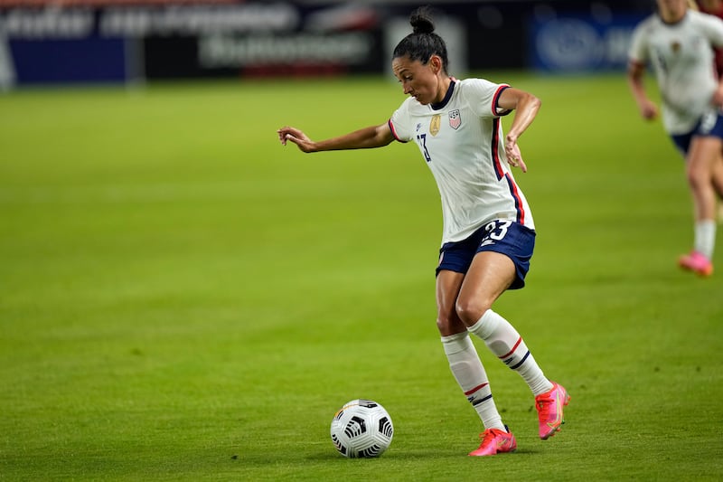 United States’ Christen Press (23) advances the ball against Portugal