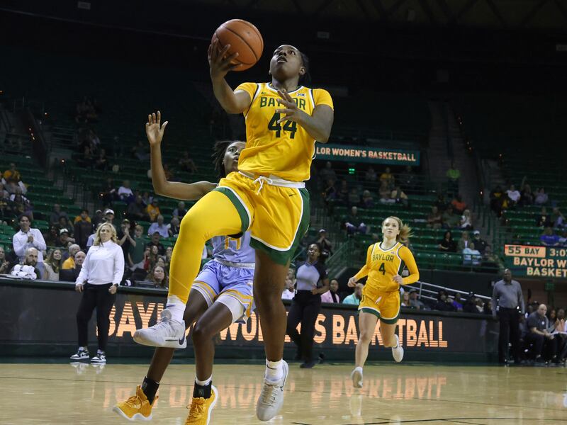 Baylor forward Dre’Una Edwards scores over Southern guard Soniyah Reed during the second half of an NCAA college basketball game, Monday, Nov. 6, 2023, in Waco, Texas.