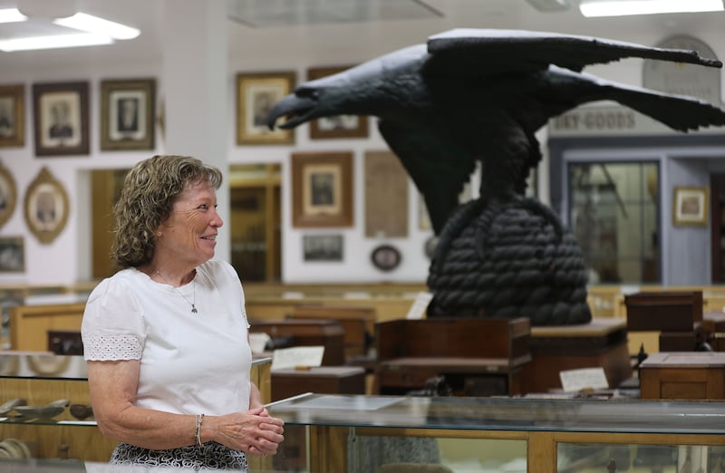 Ellen Jeppson, Pioneer Memorial Museum president, talks about the original eagle gate sculpture exhibited at the museum in Salt Lake City.