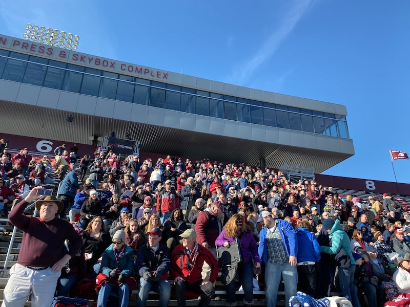 UMass fans celebrate the start of a football game against BYU at McGuirk Alumni Stadium in Amherst, Mass., in 2019. The fellow college football independents could meet again if other conferences only play league games in 2020 due to the coronavirus pandemic.