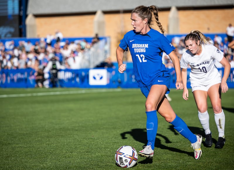 BYU’s Bella Folino dribbles during a game against Kansas State on October 10, 2023.