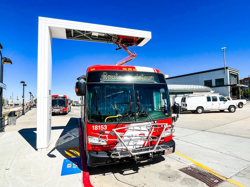 An electric Utah Transit Authority bus recharges at Salt Lake Central Station in Salt Lake City on Friday. UTA is set to receive 22 more electric buses in Salt Lake County next year.