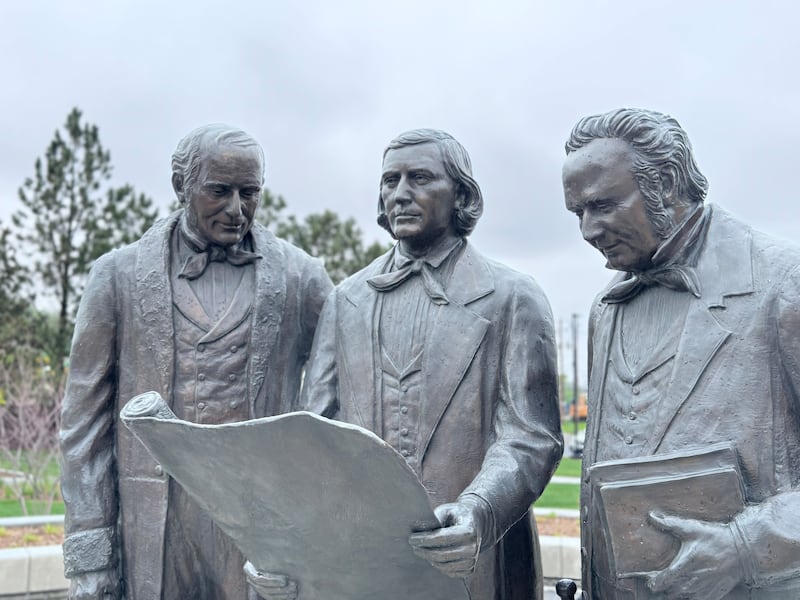 The new Kanesville Memorial historic site in Council Bluffs, Iowa, features a statue of early leaders of The Church of Jesus Christ of Latter-day Saints.