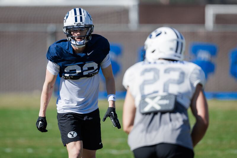 BYU safety Tommy Prassas in action during fall camp in Provo on March 20, 2024.