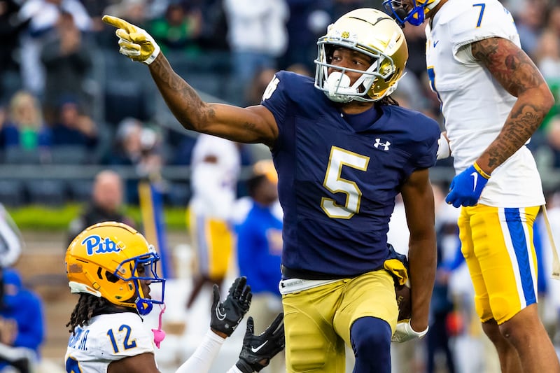 Notre Dame wide receiver Tobias Merriweather celebrates during game against Pittsburgh Saturday, Oct. 28, 2023, in South Bend, Ind. The Former Irish receiver landed in Utah following spring camp, by way of the Cal Bears.