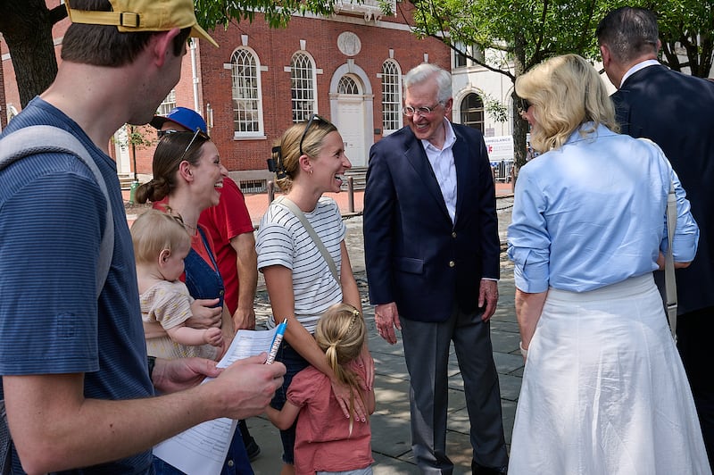 President D. Todd Christofferson, second counselor in the First Presidency, greets patrons while touring historic sites in Philadelphia, Pennsylvania, including the Liberty Bell and Independence Hall, on Friday, June 12, 2026.