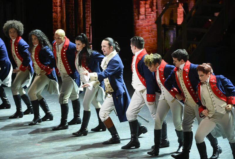 Lin-Manuel Miranda, center, and the cast of “Hamilton” perform at the Tony Awards at the Beacon Theatre on Sunday, June 12, 2016, in New York.
