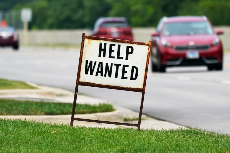 A help-wanted sign in Mount Prospect, Illinois.