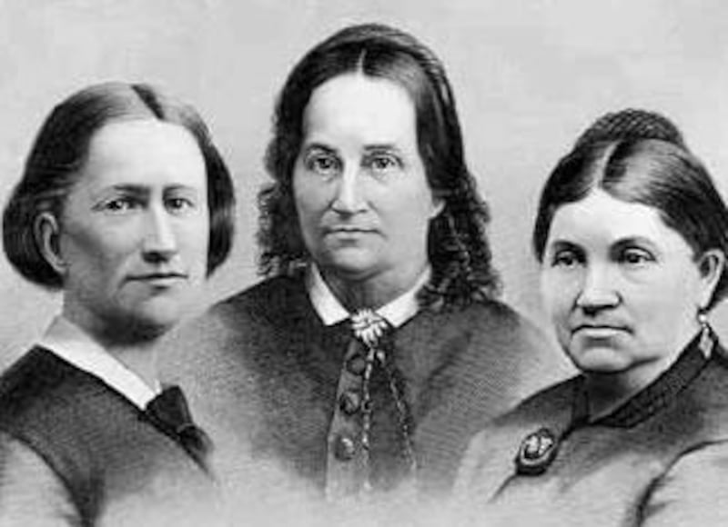 The three women who were in the first pioneer company were: Harriet Wheeler Young, wife of Lorenzo D. Young, center; Clara Decker Young, wife of President Brigham Young, right; and Ellen Sanders Kimball, wife of Heber C. Kimball, left.