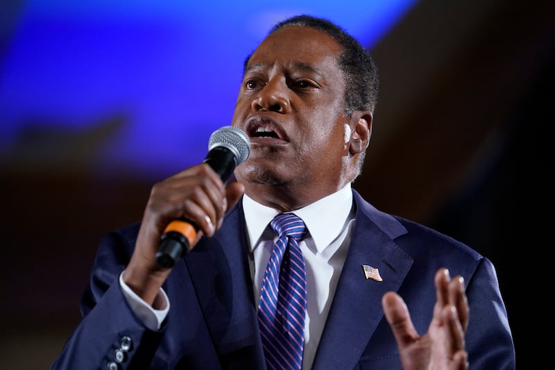 Republican conservative radio show host Larry Elder speaks to supporters in Costa Mesa, Calif.