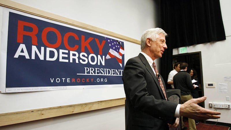 Rocky Anderson talks with the press following his acceptance speech as the Justice Party nominee for president of the United States in Salt Lake City, Friday, Jan. 13, 2012.