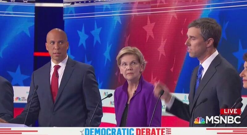 Former Texas Rep. Beto O’Rourke spoke briefly in Spanish. New Jersey Sen. Cory Booker’s reaction sent Twitter into a frenzy.