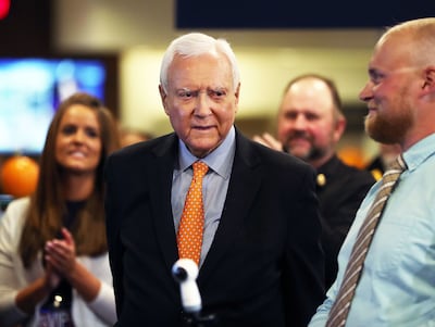U.S. Sen. Orrin Hatch, R-Utah, is applauded during the Utah Republican election night party at the Vivint Smart Home Arena in Salt Lake City on Tuesday, Nov. 6, 2018.