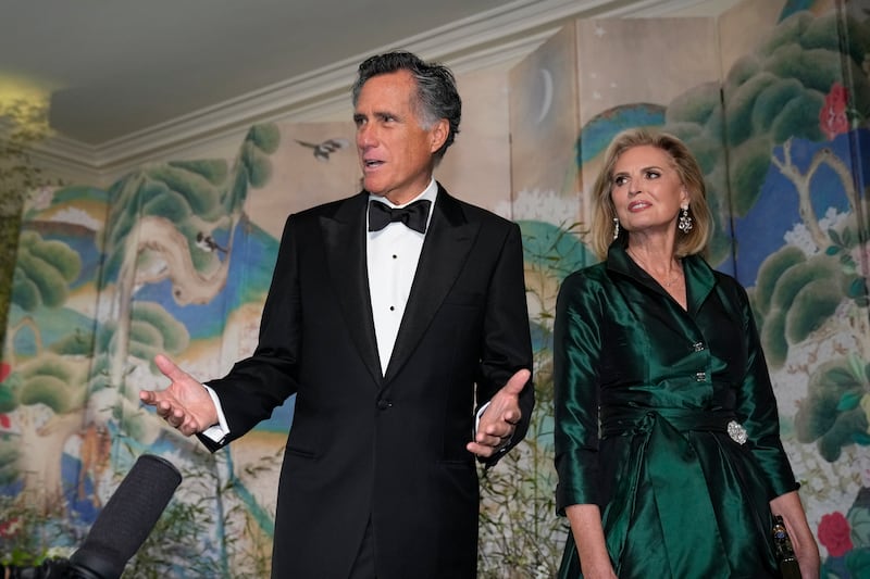 Sen. Mitt Romney and his wife Ann Romney arrive for the State Dinner with President Joe Biden and the South Korea’s President Yoon Suk Yeol at the White House on April 26, 2023.