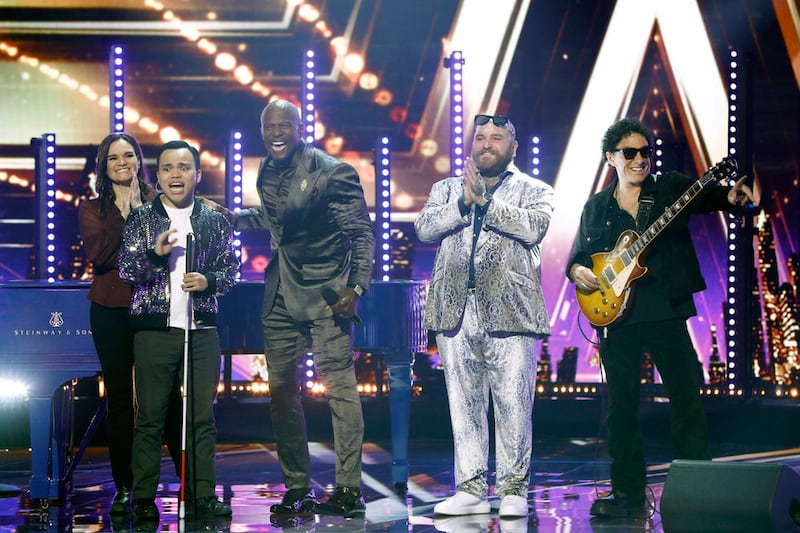 Tina Lee, left, Kodi Lee, Terry Crews, Teddy Swims and Neal Schon on “America’s Got Talent.”