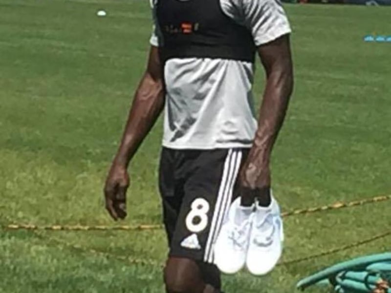 Real Salt Lake midfielder Stephen Sunday leaves team training wearing his Catapult tracking system at America First Field in Sandy, Utah.