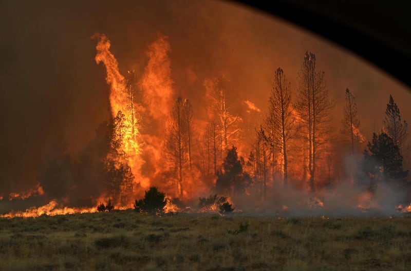 This photo provided by United States Forest Service shows the Barry Point Fire southwest of Lakeview, Ore. on Aug. 9, 2012. Fire officials estimated late Thursday that the Barry Point Fire has burned nearly 12 square miles, or 7,500 acres, and made a pu