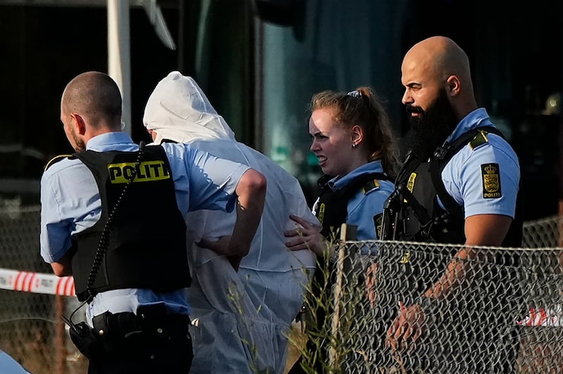 A view of police at Field’s shopping center in Copenhagen, Denmark, Sunday July 3, 2022. Danish police say several people have been shot at a Copenhagen shopping mall.