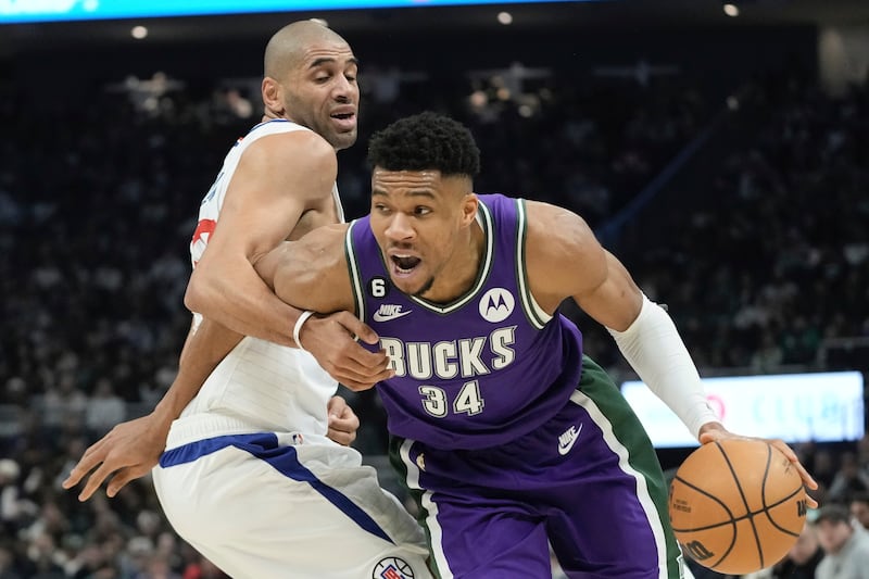 Los Angeles Clippers’ Nicolas Batum fouls Milwaukee Bucks’ Giannis Antetokounmpo during a game Thursday, Feb. 2, 2023.