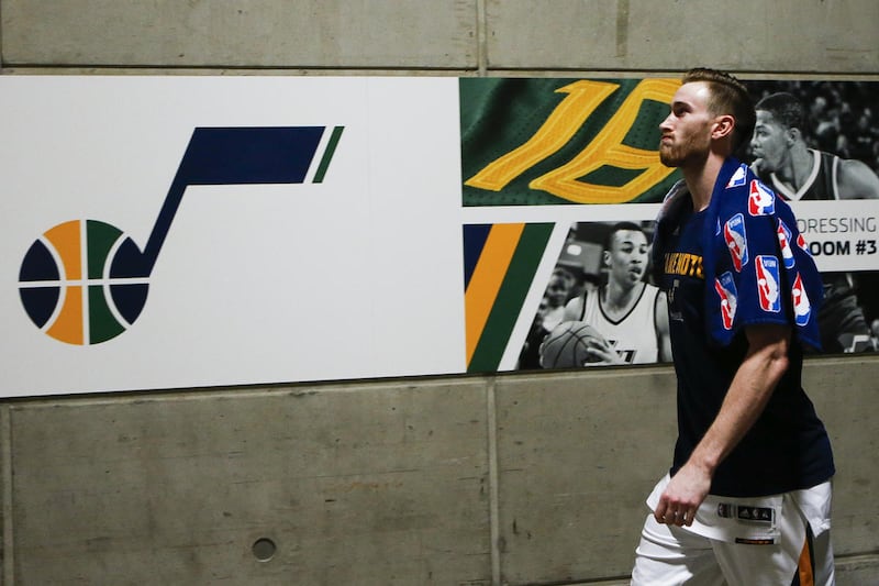 Utah Jazz forward Gordon Hayward #20 walks off the court after losing to the Golden State Warriors during game four of the Western Conference Semifinal at Vivint Smart Home Arena in Salt Lake City on Monday, May 8, 2017.