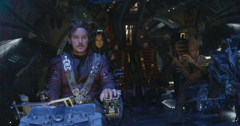 Star-Lord/Peter Quill (Chris Pratt), left, Mantis (Pom Klementieff), Groot (voiced by Vin Diesel) Thanos (Josh Brolin) in Marvel Studios' "Avengers: Infinity War."