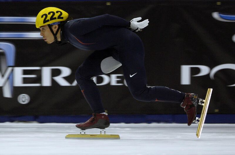Apolo Ohno in the World Cup Speed Skating competition at the Utah Olympic Oval in Kearns on Saturday October 18, 2008. Photo by Kristin Murphy